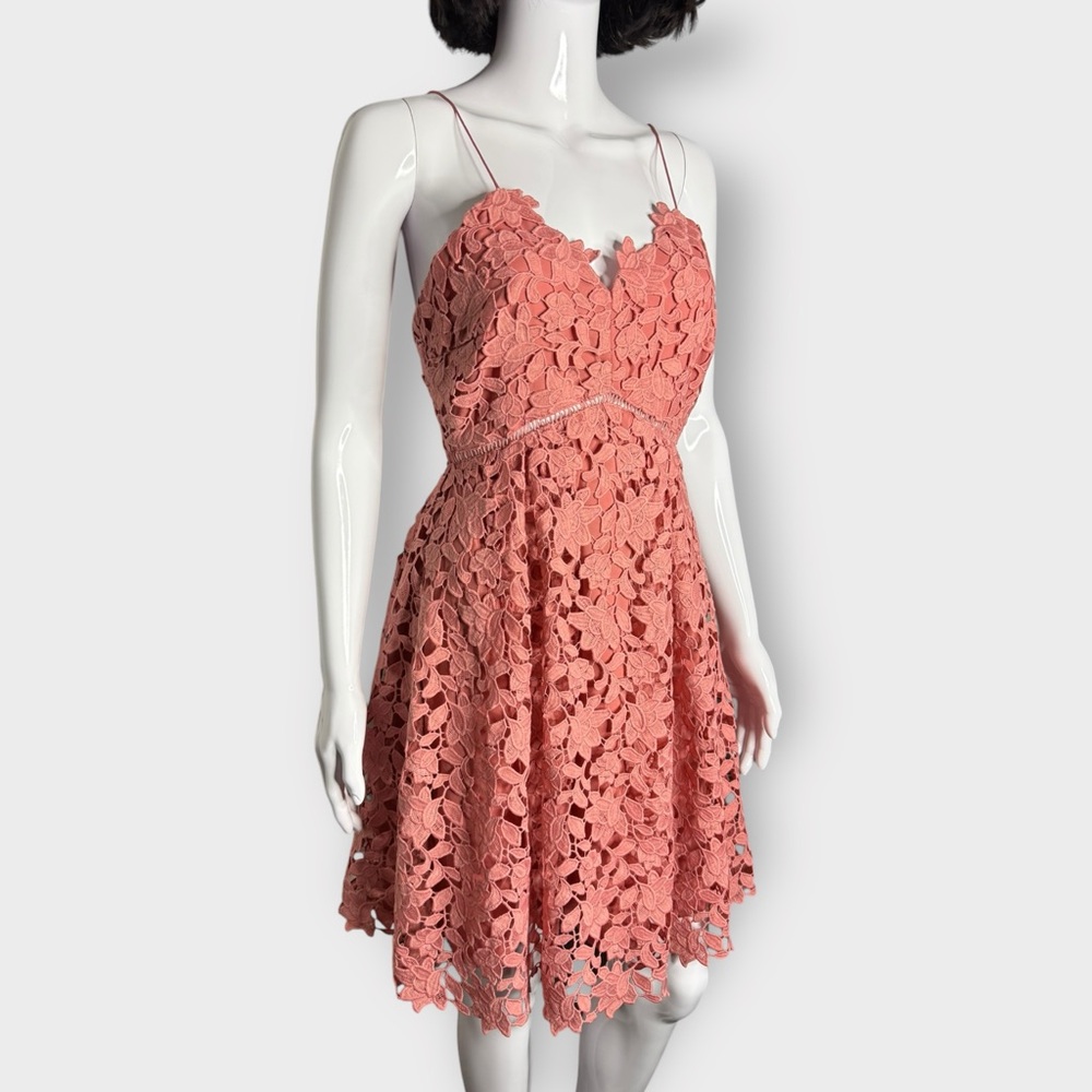 Oak + Fort Coral Pink, Floral Lace Overlay, Spaghetti Strap Dress - Picture 3 of 7